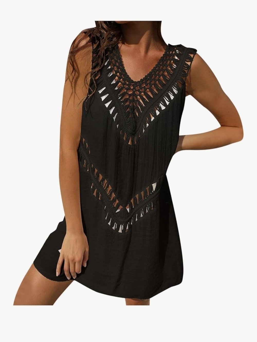 Source Unknown Black Crochet V-Neck Swim Coverup